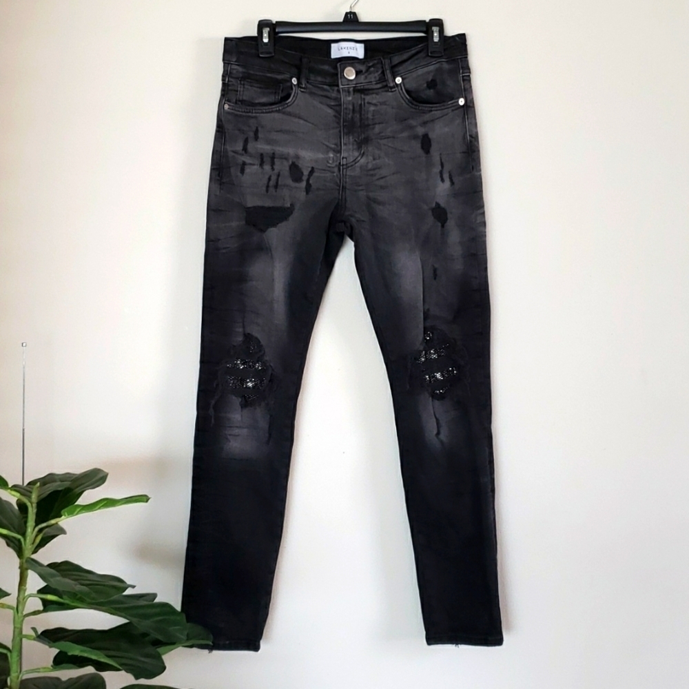 Lakensie rhinestone knee distressed, black, high rise jeans, Sz S
